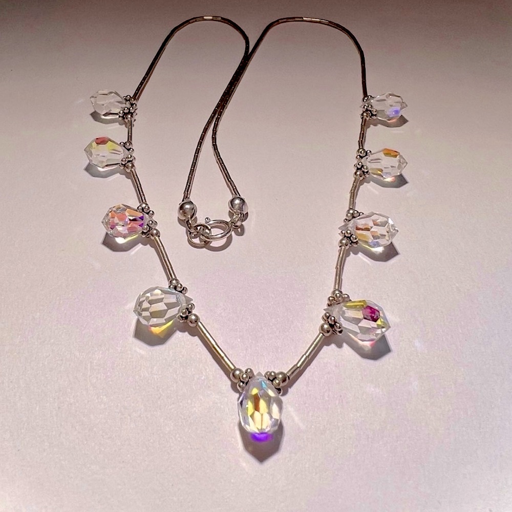 Vintage Handmade Aurora Borealis Crystal Sterling Beaded Necklace - Picture 11 of 12